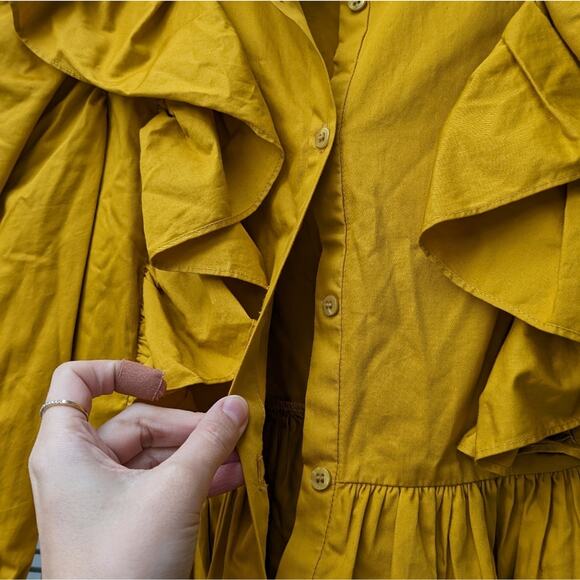 Zara Warm Yellow Short Shirt Dress With Lapels Ruffle Detail Collar, size XS - Picture 6 of 8